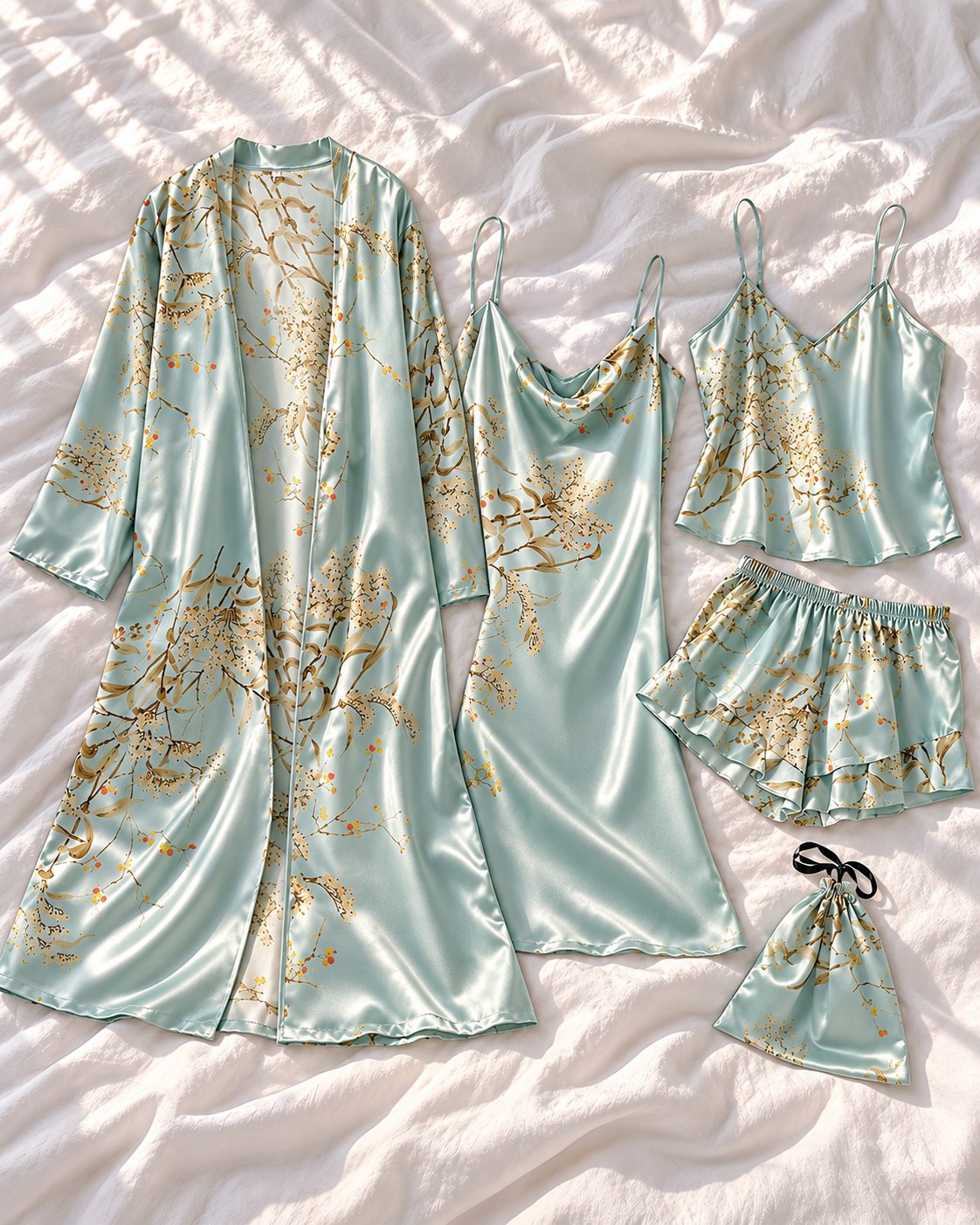 Vintage floral satin 5-piece pyjama set